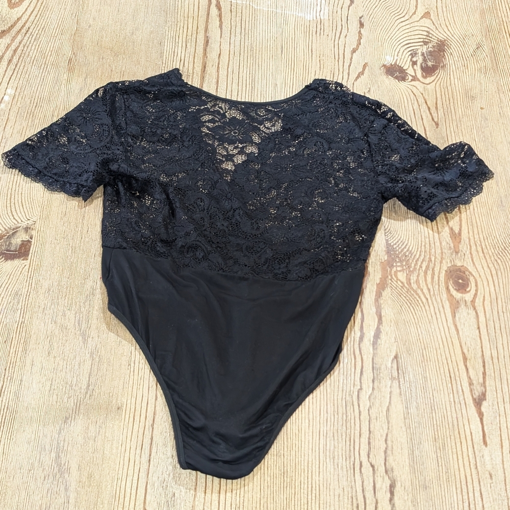Black Lace Bodysuit S Sheer Floral Women's Romantic Goth Date Night Fitted Top - Picture 6 of 8